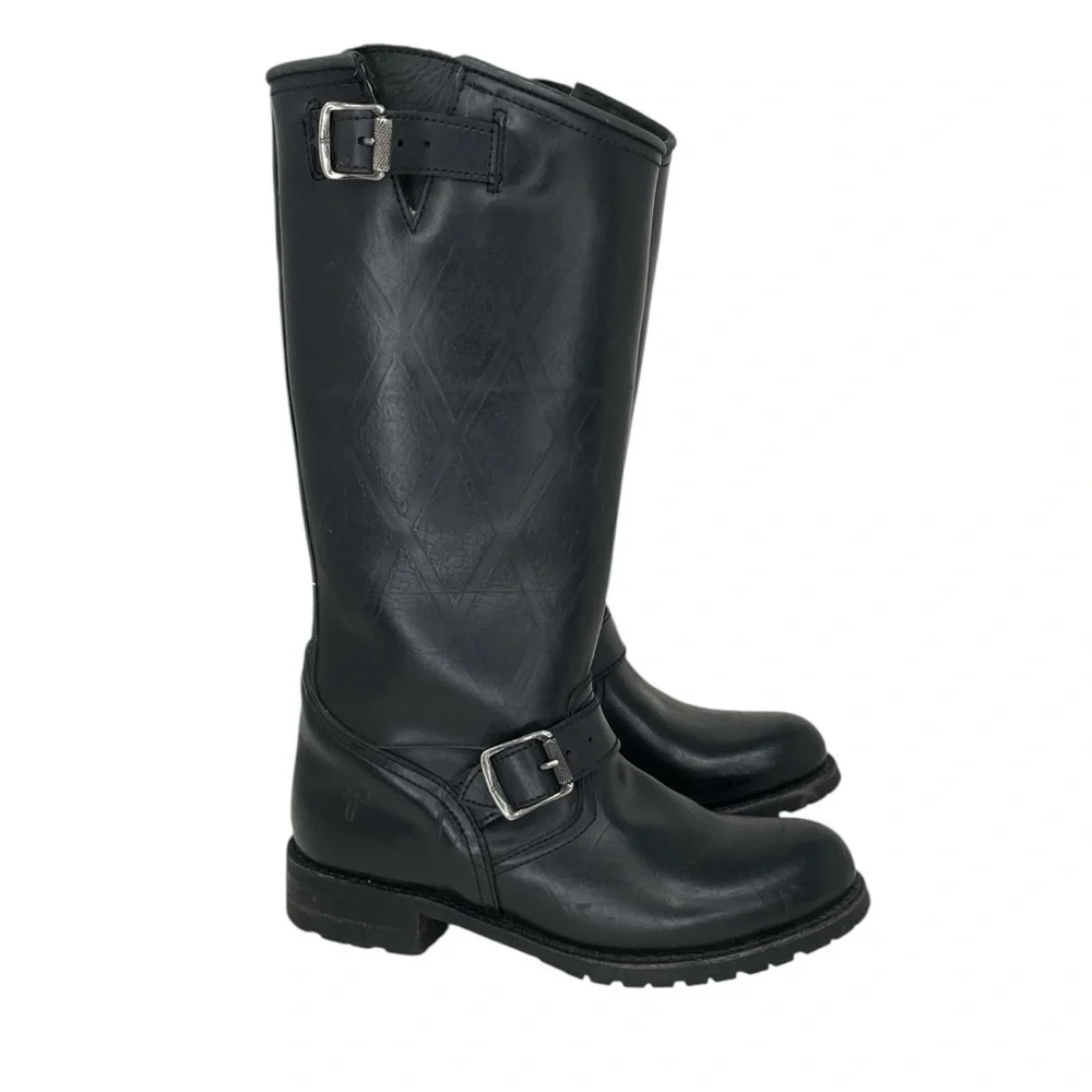 FRYE Black Riding Boots Rubber Engineer Shearling 3476663 Knee High Size 7